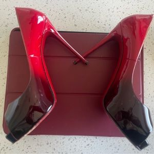 Louboutin Red&Maroon Prive 5”Patent leather open toe. SIZE US 8 1/2. EURO 38 1/2